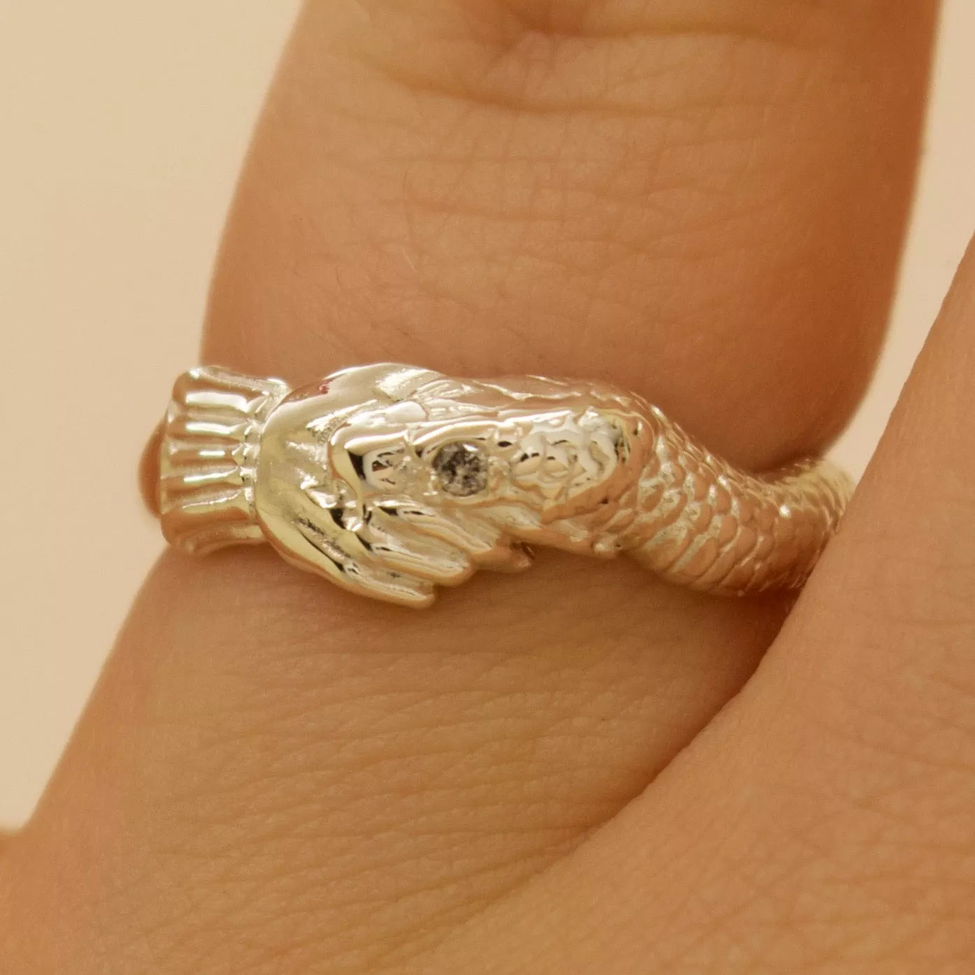 ‘Twice Shy Ring’ - Snake Bite Handshake Ring with Pepper Diamond Eye, Ring, Rings, The Serpents Club