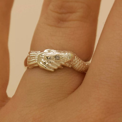 ‘Twice Shy Ring’ - Snake Bite Handshake Ring with Pepper Diamond Eye, Ring, Rings, The Serpents Club