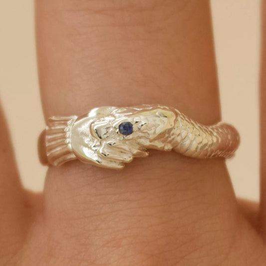 ‘Twice Shy Ring’ - Snake Bite Handshake Ring with Sapphire Eye, Ring, The Serpents Club
