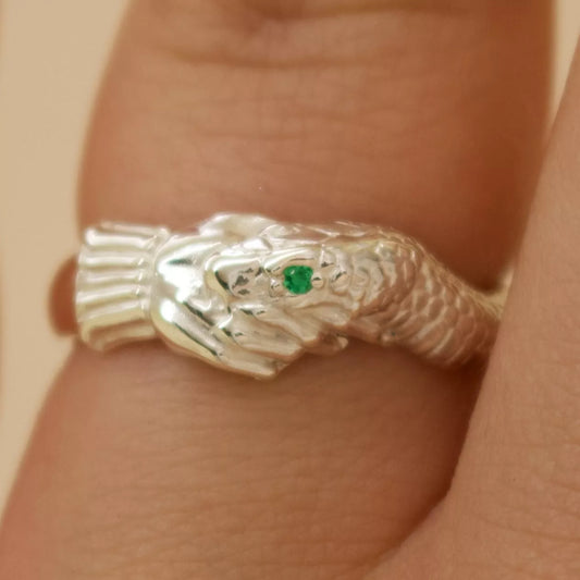 ‘Twice Shy Ring’ - Snake Bite Handshake Ring with Emerald Eye, Ring, The Serpents Club