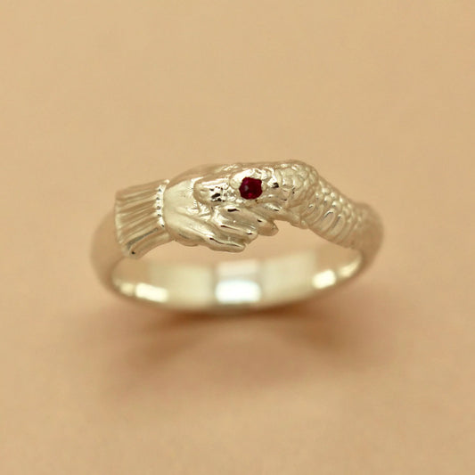 ‘Twice Shy Ring’ - Snake Bite Handshake Ring with Ruby Eye, Ring, The Serpents Club