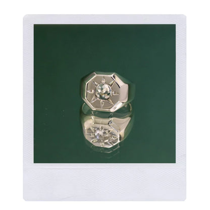 Octagonal Signet with Star Set Rose Cut Stone - Brass, Silver or Gold, Rings, The Serpents Club